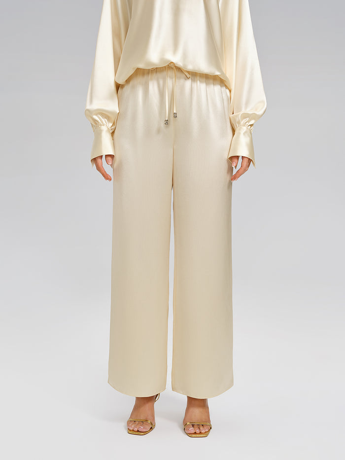 Acetate Elastic-Waist Straight Wide-Leg Pants