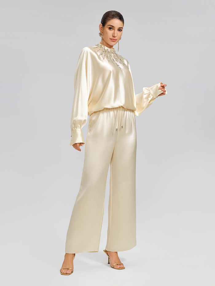 Acetate Elastic-Waist Straight Wide-Leg Pants