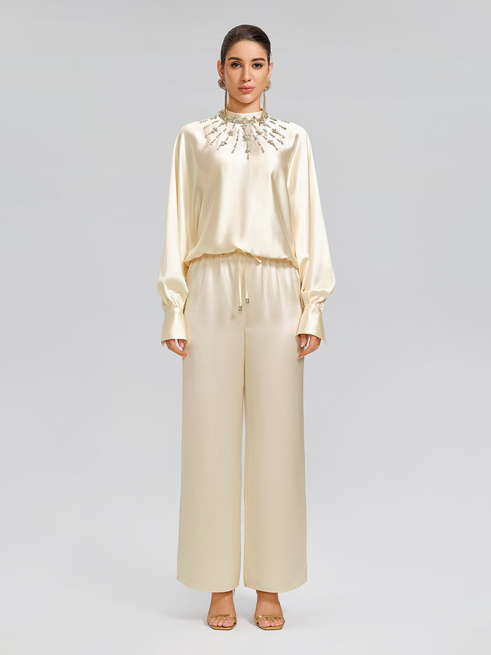 Acetate Elastic-Waist Straight Wide-Leg Pants