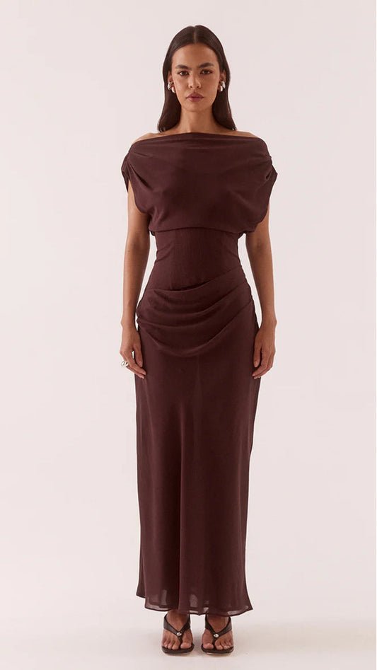 ADA OFF SHOULDER DRESS - CHOCOLATE