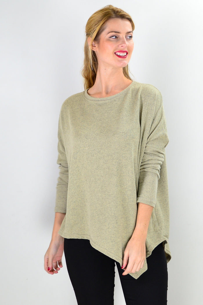 Green angle drop shoulder tunic top by Peony, featuring a relaxed fit with drop shoulder design and casual style.