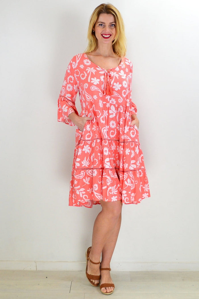 Apricot white bohemian tunic dress from New U Collection with flowing fabric and relaxed fit, displayed on a model.
