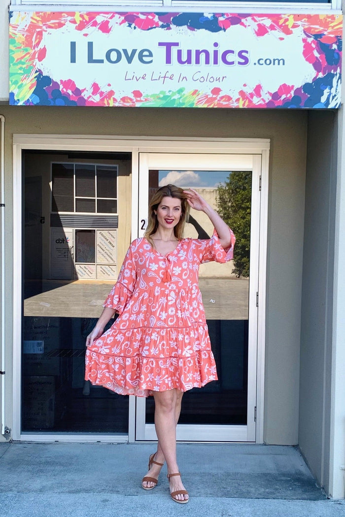 Apricot white bohemian tunic dress from New U Collection with flowy fabric and relaxed fit, perfect for casual summer wear.