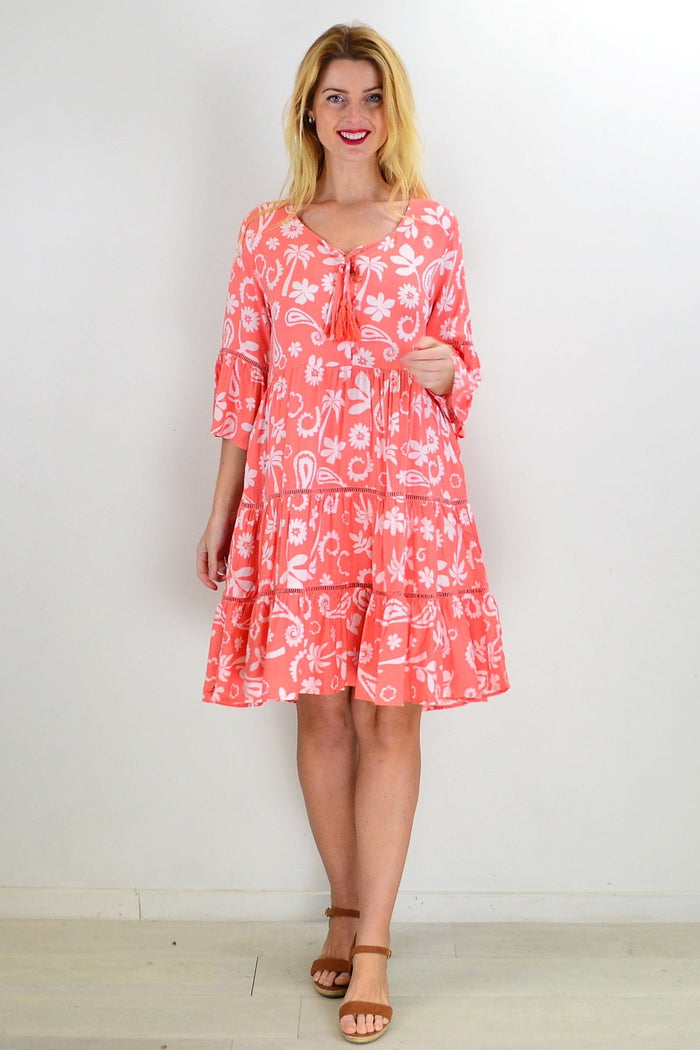 Apricot white bohemian tunic dress by New U Collection with flowing fabric and relaxed fit, perfect for casual summer style.