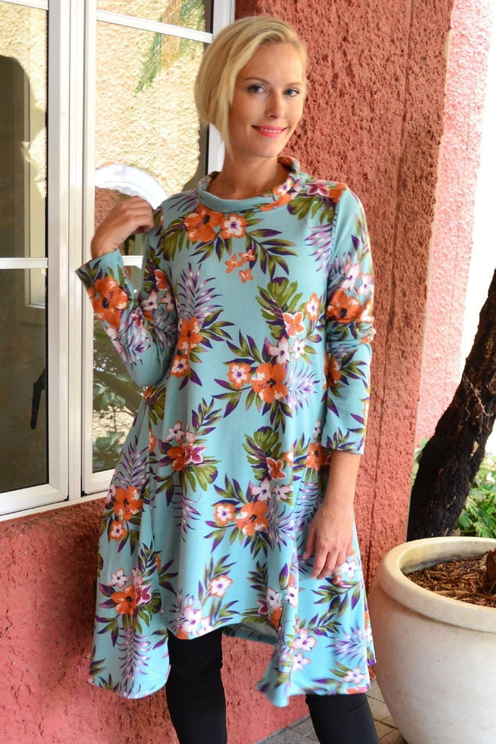 Hourglass Aqua Orange Hibiscus fleece tunic dress with vibrant floral pattern and relaxed fit, perfect for casual wear.