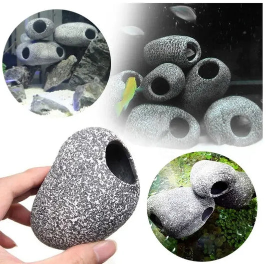 Small gray speckled stone fish cave with rounded oval opening for aquarium