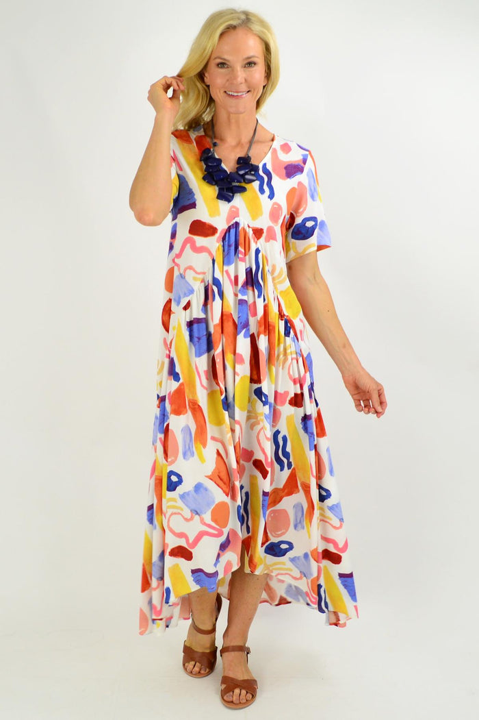 Long artist stock maxi tunic dress by New U Collection featuring a relaxed fit and artistic design, perfect for casual wear.