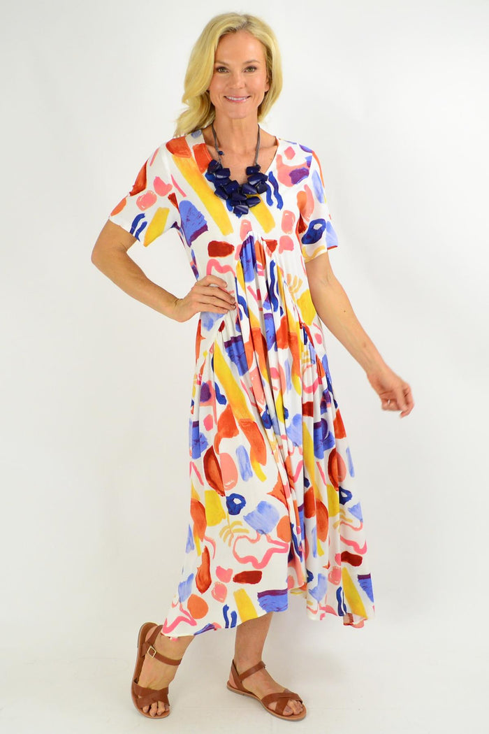 New U Collection artist stock maxi tunic dress with vibrant print, flowing fabric, and relaxed fit, perfect for casual or boho styles.