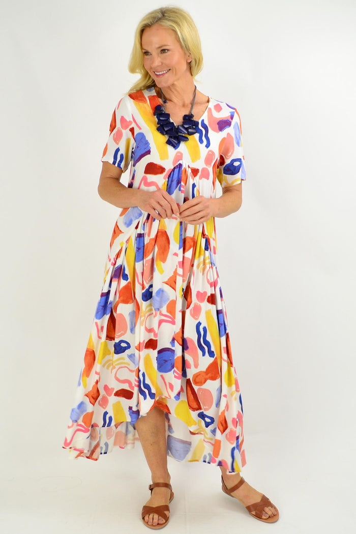 Artist Stock Maxi Tunic Dress by New U Collection, flowing fabric and relaxed fit, shown on a model.