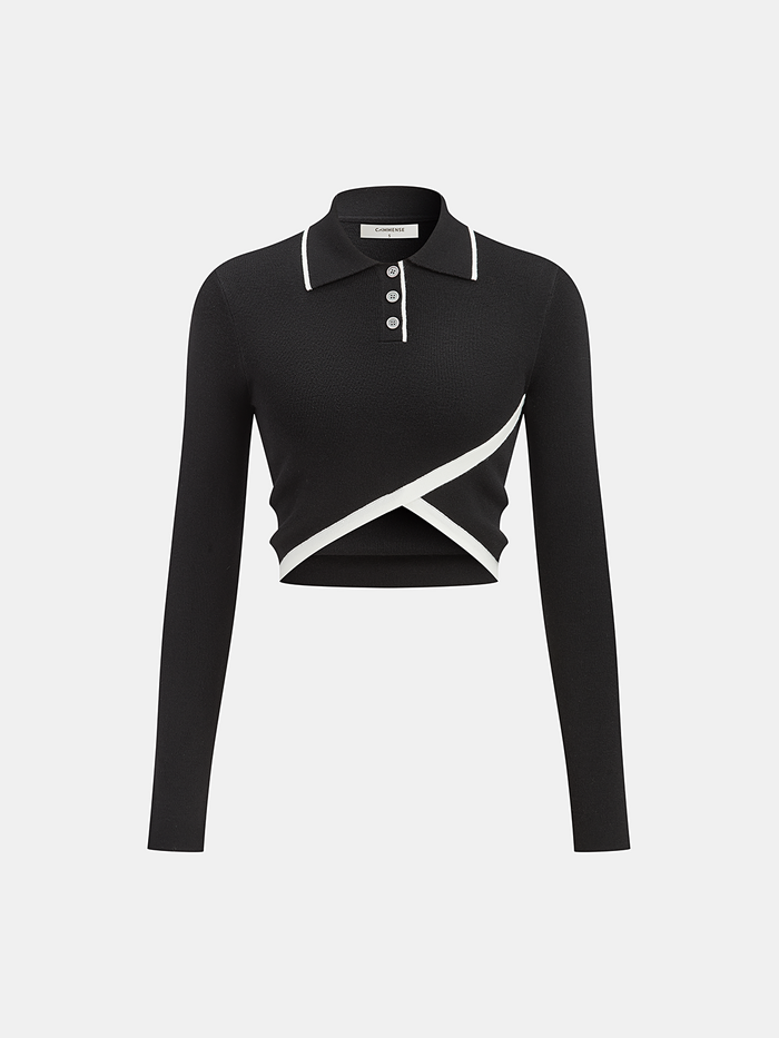 Asymmetric Contrast Trim Wool Blend Cropped Polo Top