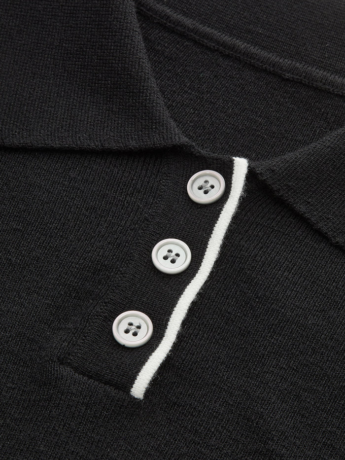 Asymmetric Contrast Trim Wool Blend Cropped Polo Top