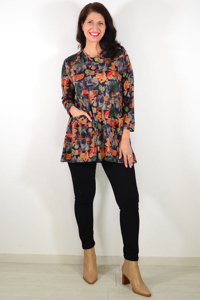Autumn Leaves Wishstone ladies tunic top with a floral print, long sleeves, and a relaxed fit, perfect for fall casual wear.