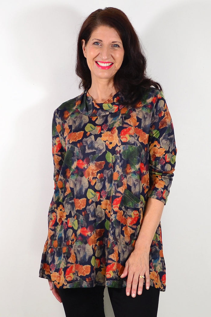 Autumn Leaves Wishstone ladies tunic top with a floral print, long sleeves, and a relaxed fit, suitable for casual wear.