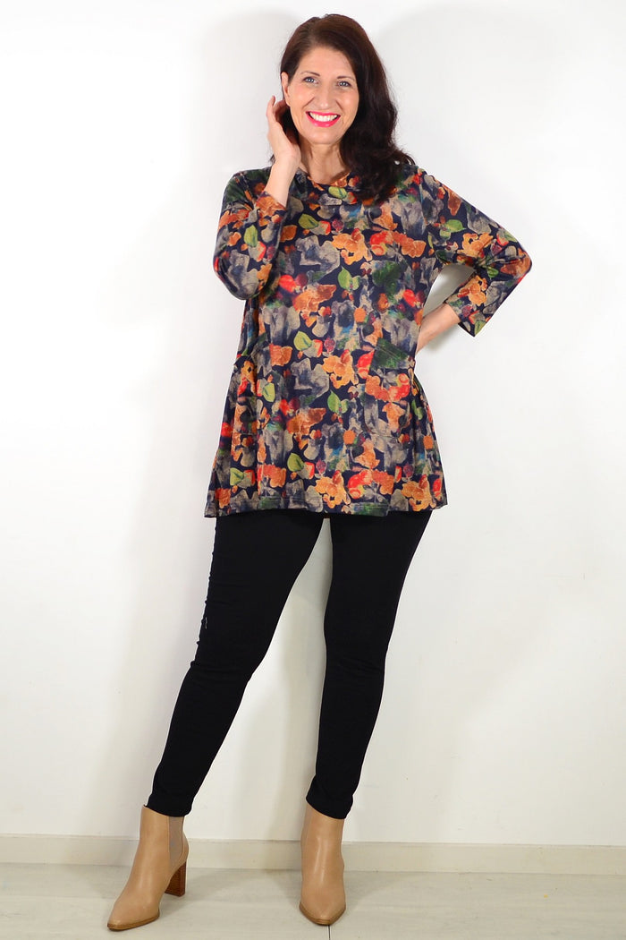 Autumn Leaves Wishstone ladies tunic top with long sleeves and a floral leaf print, casual and stylish for fall wear.