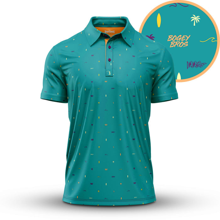 The Beach - Polo is a teal, short-sleeve golf polo with a collar and three buttons, featuring scattered surfboard, palm tree, and wave patterns. It offers an athletic fit, UPF 50 protection, plus BOGEY BROS text and detailed design inset.