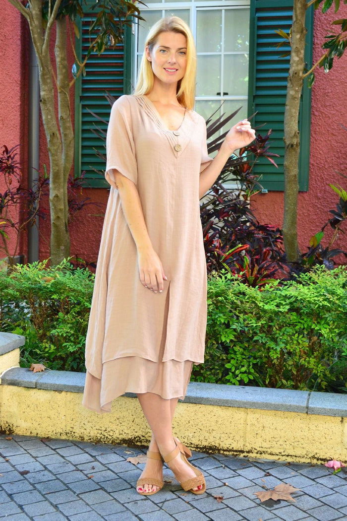 Beige blush coconut overlay tunic dress by La Mode featuring flowy fabric and intricate overlay design.