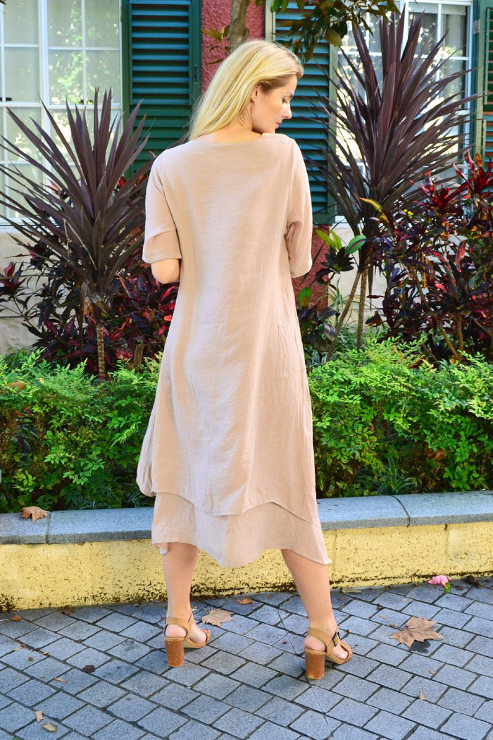 Beige blush coconut overlay tunic dress by La Mode, featuring a flowy silhouette and intricate coconut print details.