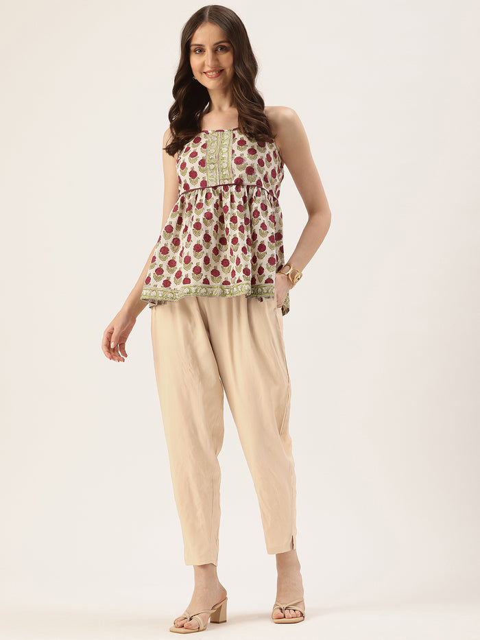 Beige Solid Pencil Pant