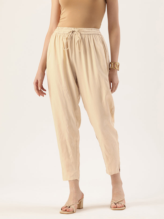 Beige Solid Pencil Pant