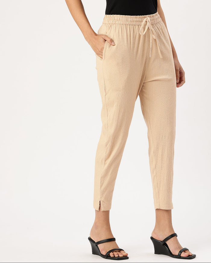 Beige Solid Stretch Pencil Pant