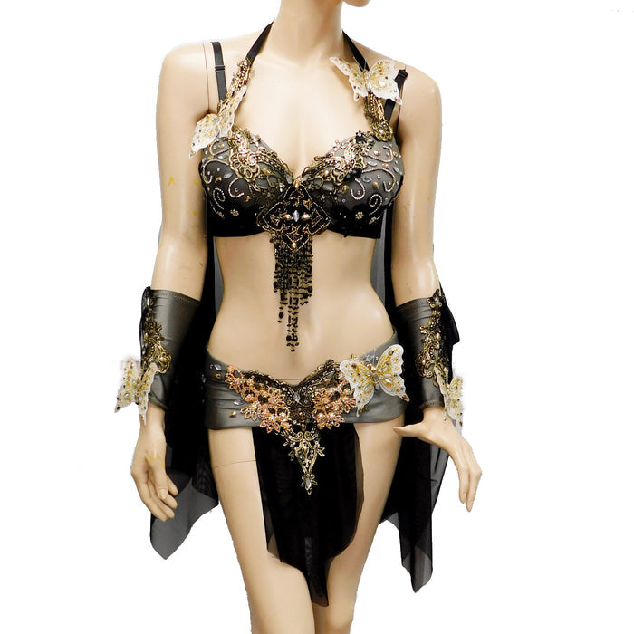 Black and Gold Butterfly Goddess Fairy Costume Dance Rave Bra Cape and Skirt