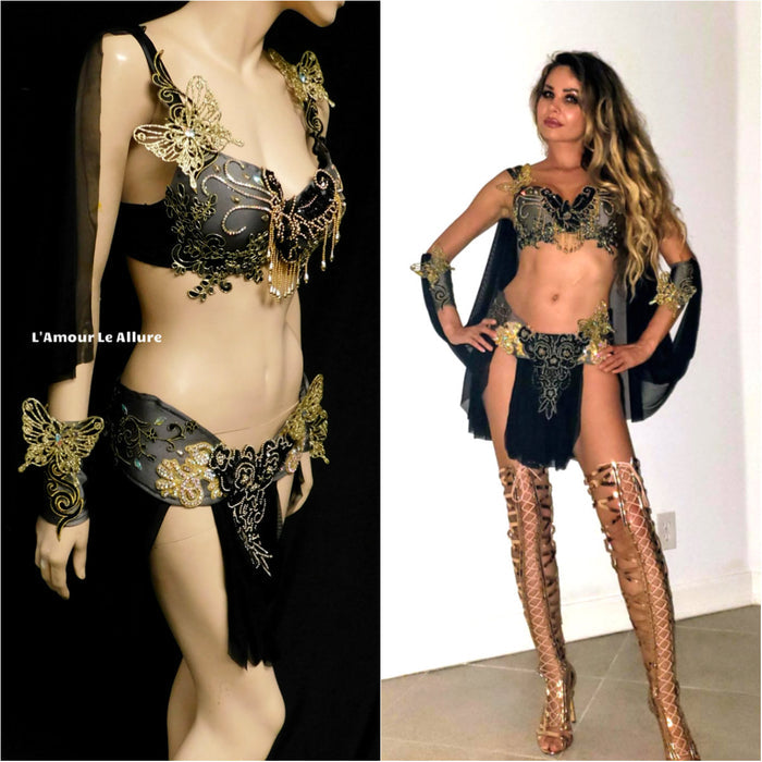 Black and Gold Butterfly Goddess Fairy Costume Dance Rave Bra Cape and Skirt