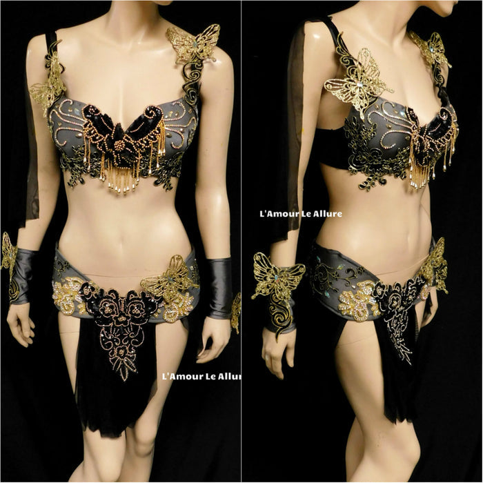 Black and Gold Butterfly Goddess Fairy Costume Dance Rave Bra Cape and Skirt