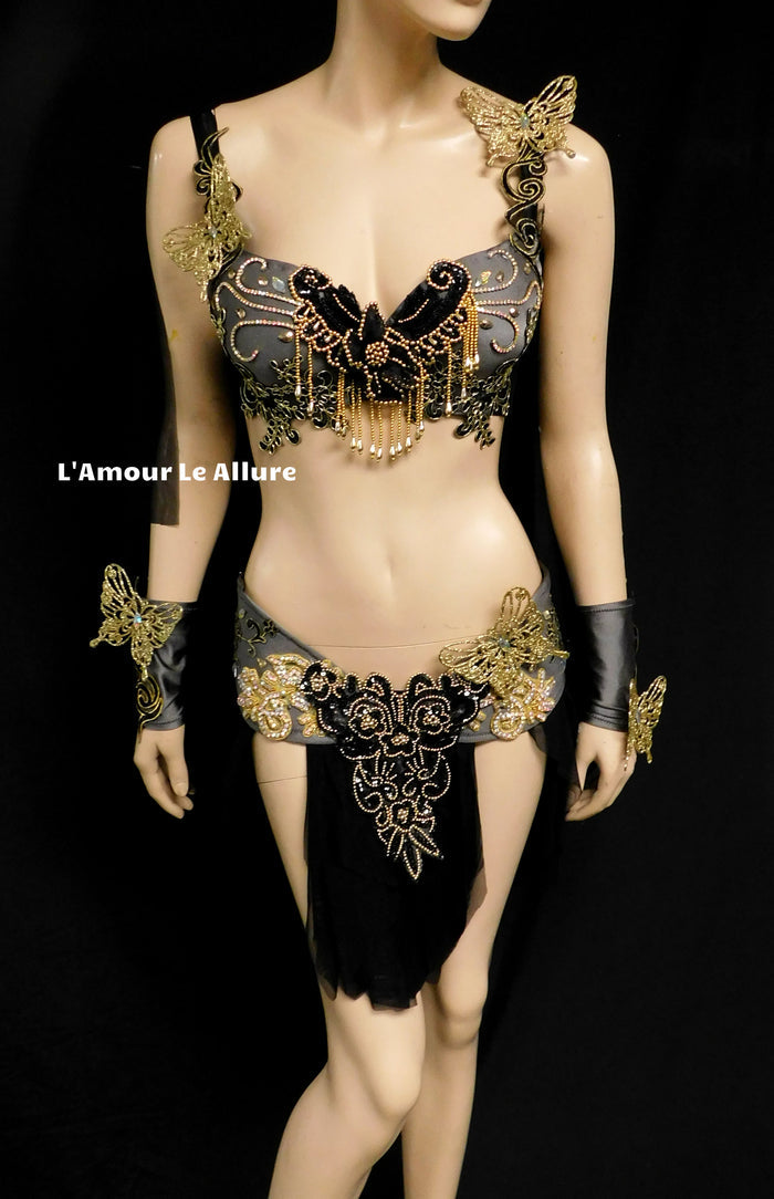 Black and Gold Butterfly Goddess Fairy Costume Dance Rave Bra Cape and Skirt