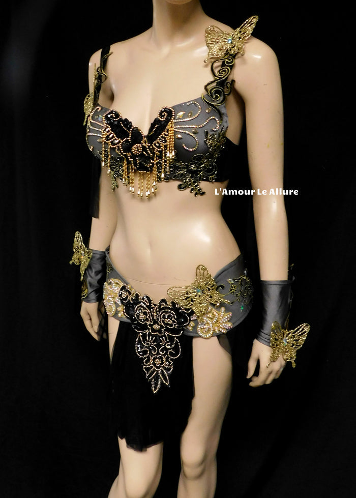 Black and Gold Butterfly Goddess Fairy Costume Dance Rave Bra Cape and Skirt