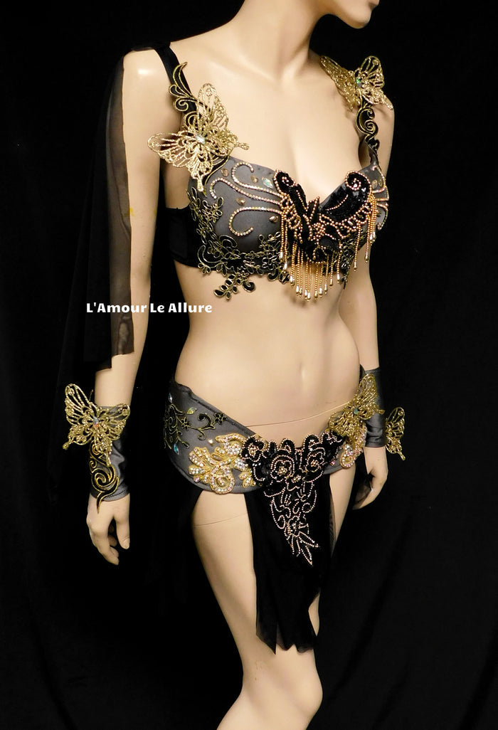 Black and Gold Butterfly Goddess Fairy Costume Dance Rave Bra Cape and Skirt