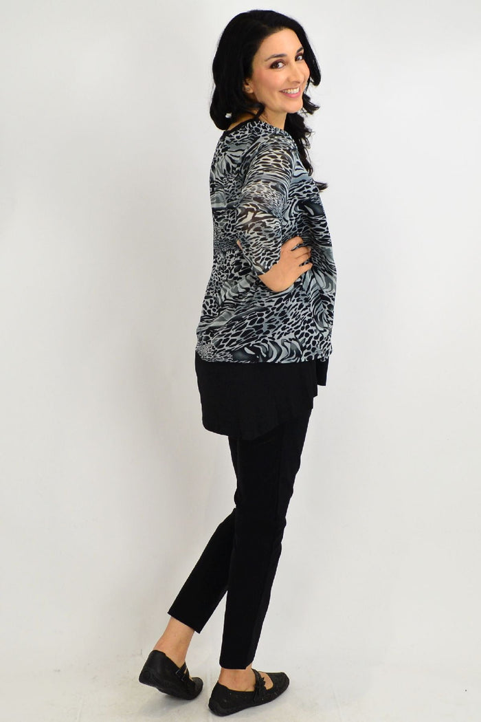 Black Annie animal print tunic top by Stylius featuring a relaxed fit and bold animal pattern, perfect for casual wear.