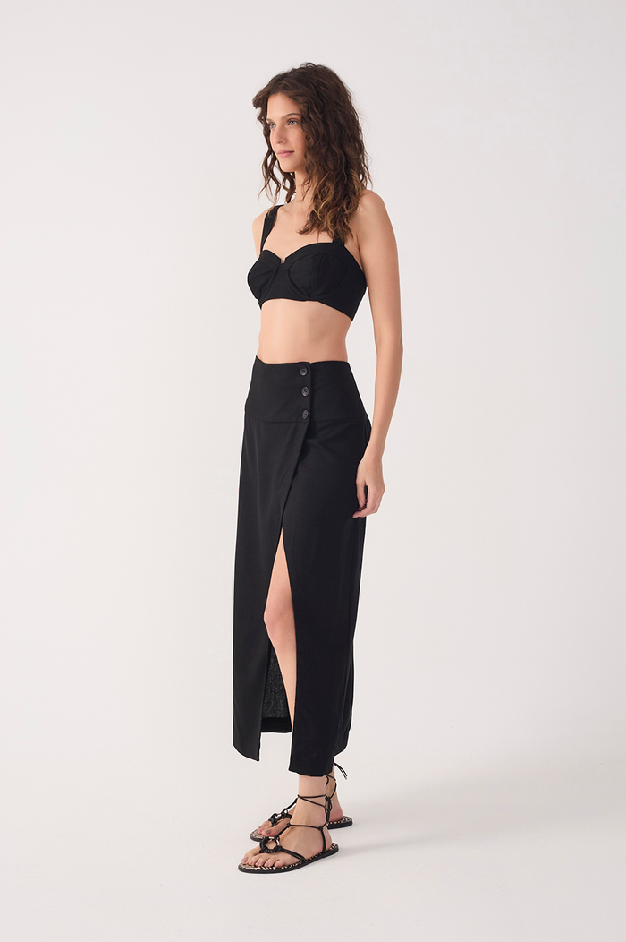 Black Buttoned Front Slit Linen Midi Skirt_3