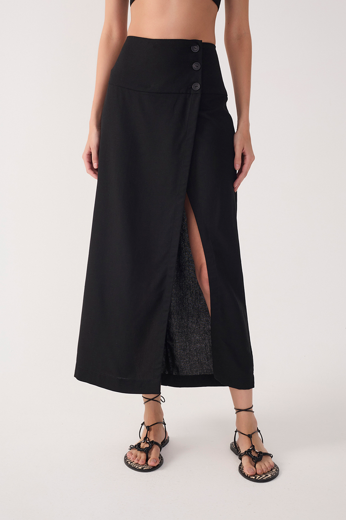 Black Buttoned Front Slit Linen Midi Skirt_4