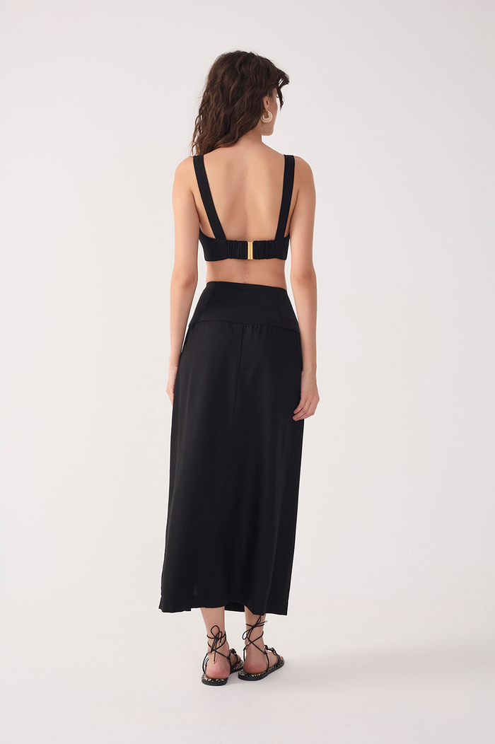 Black Buttoned Front Slit Linen Midi Skirt_5