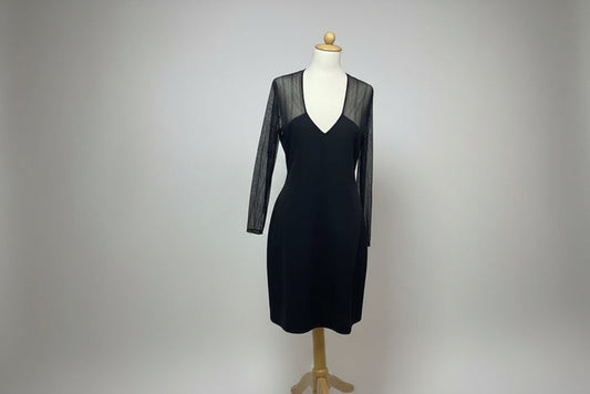 Black Karen Millen Dress Size L UK 12 14 EU 40 With Sheer Sleeves & Shoulders