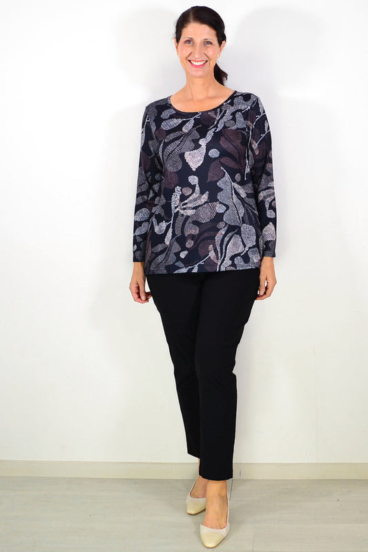 Black printed winter tunic top by Hourglass, featuring a stylish pattern and relaxed fit, perfect for cold weather fashion.