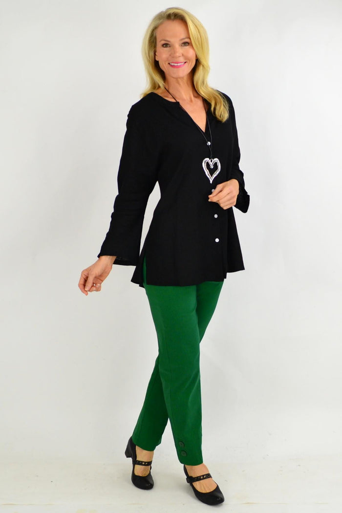 Black V-neck linen tunic shirt for women by Ruby Rain, featuring a comfortable, stylish design with a relaxed fit.