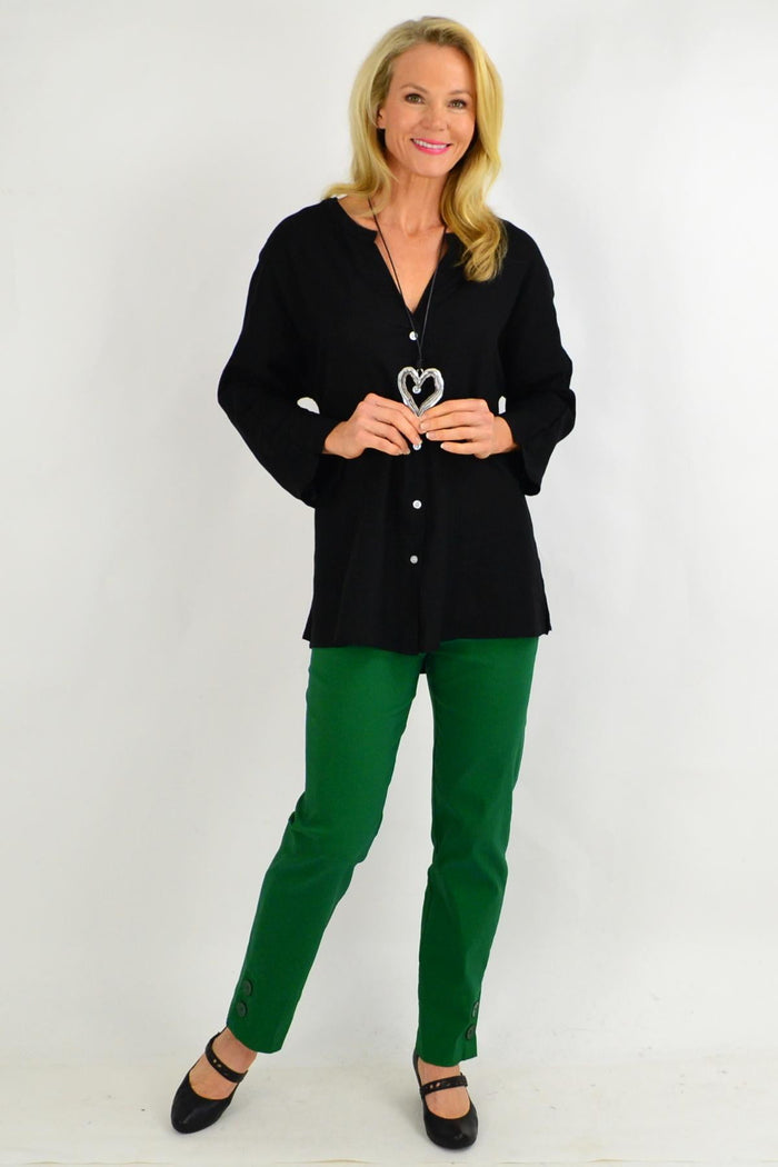 Black V-neck linen tunic shirt for women by Ruby Rain, showcasing a relaxed fit and breathable fabric.