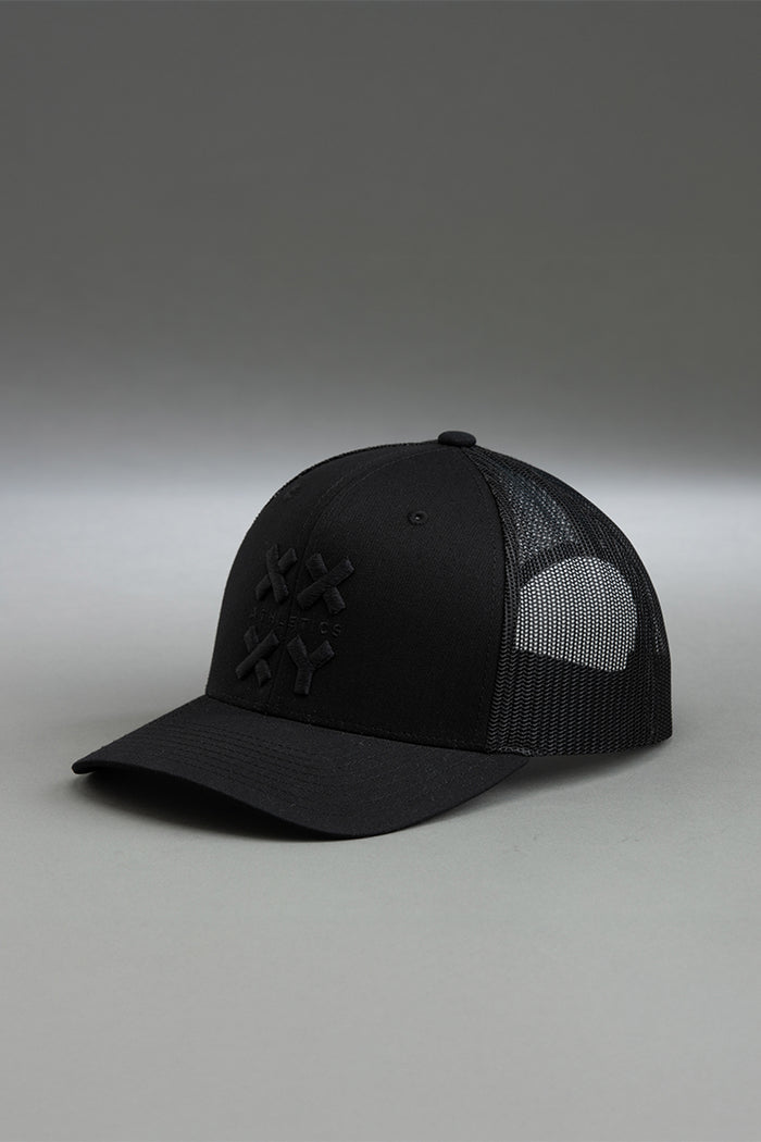 Black baseball cap with mesh back on a gray background || black with black logo