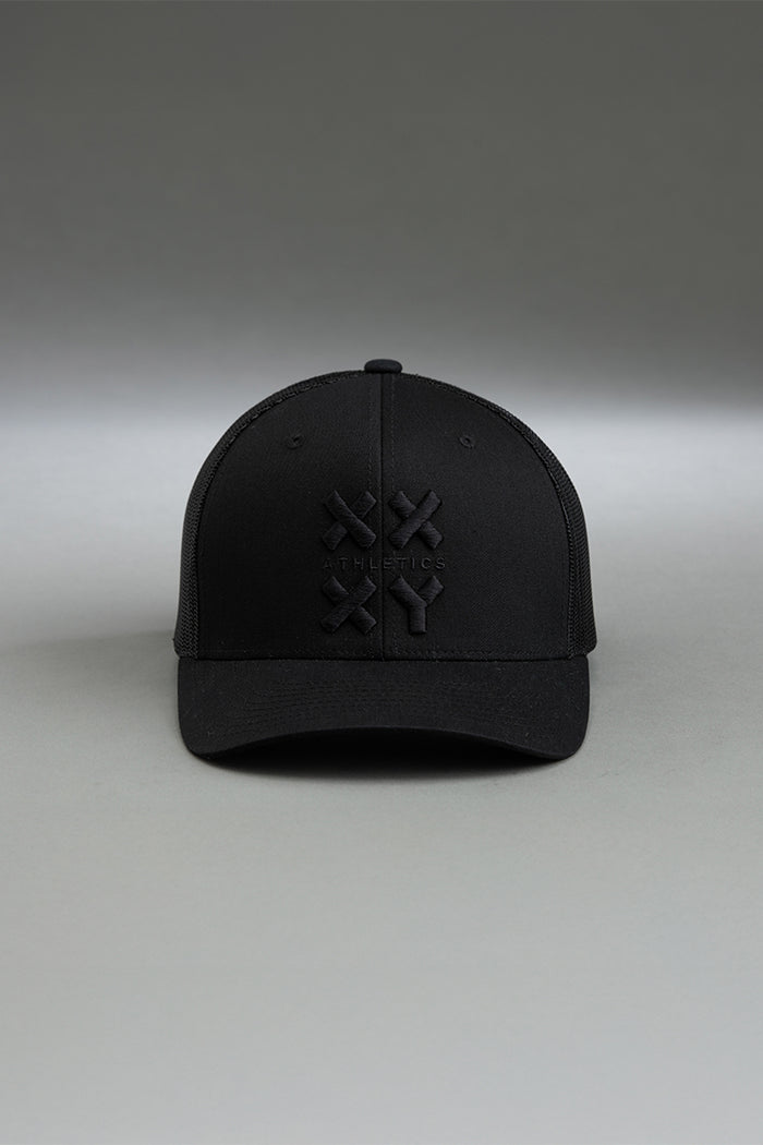 Black cap with a logo on a gray background || black with black logo