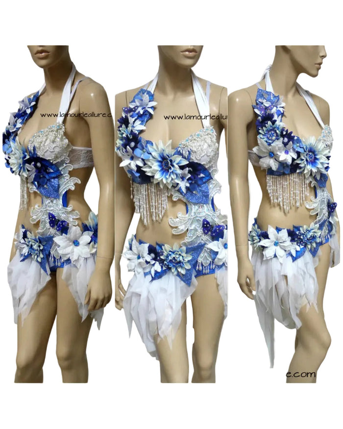 Blue and White Winter Water Fairy Monokini Bra and Shorts Costume