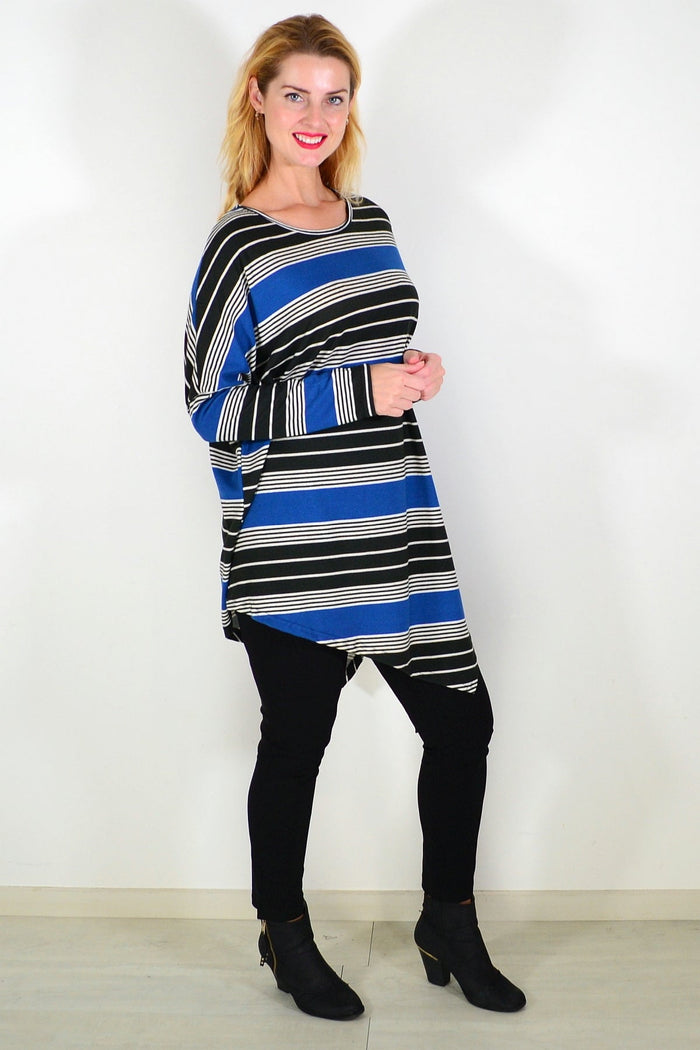 Blue and black Walk My Way fleece tunic top by La Mode, featuring a cozy, relaxed fit and stylish design.