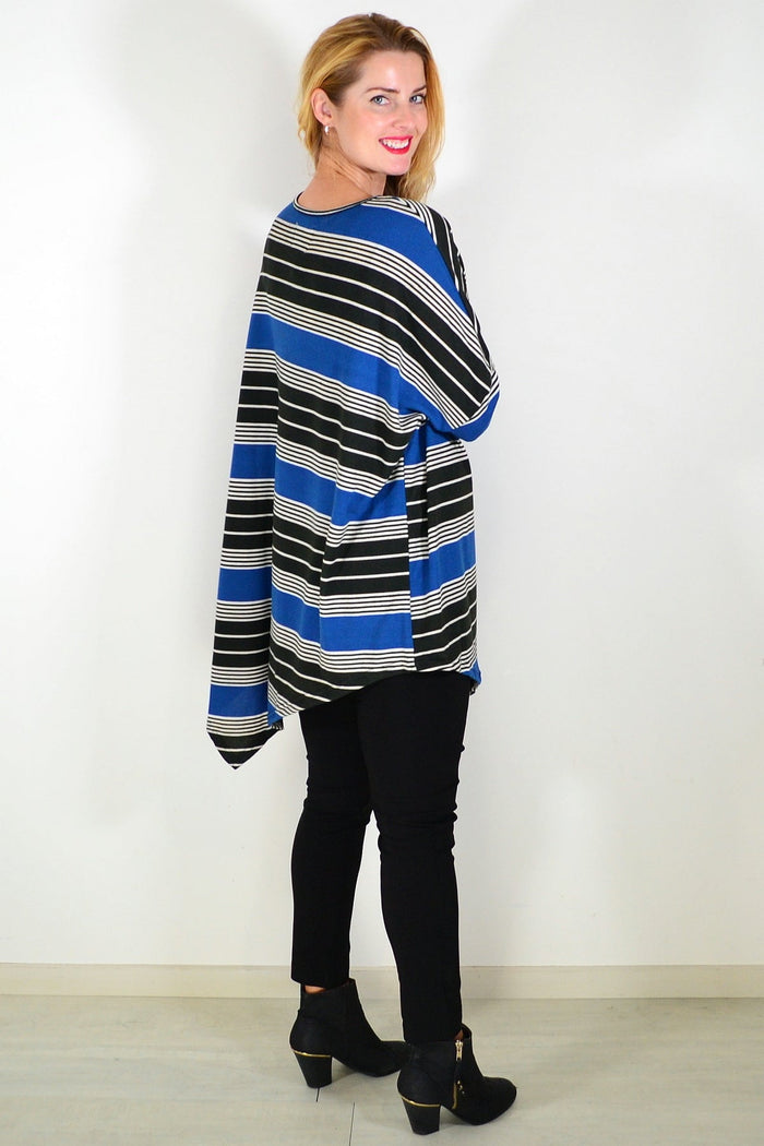 Blue and black Walk My Way fleece tunic top by La Mode, shown on a hanger with detailed fabric texture.