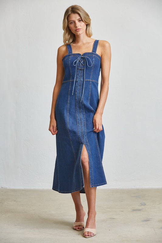 Blue Denim Lace-Up Corset Midi Dress with Front Slit