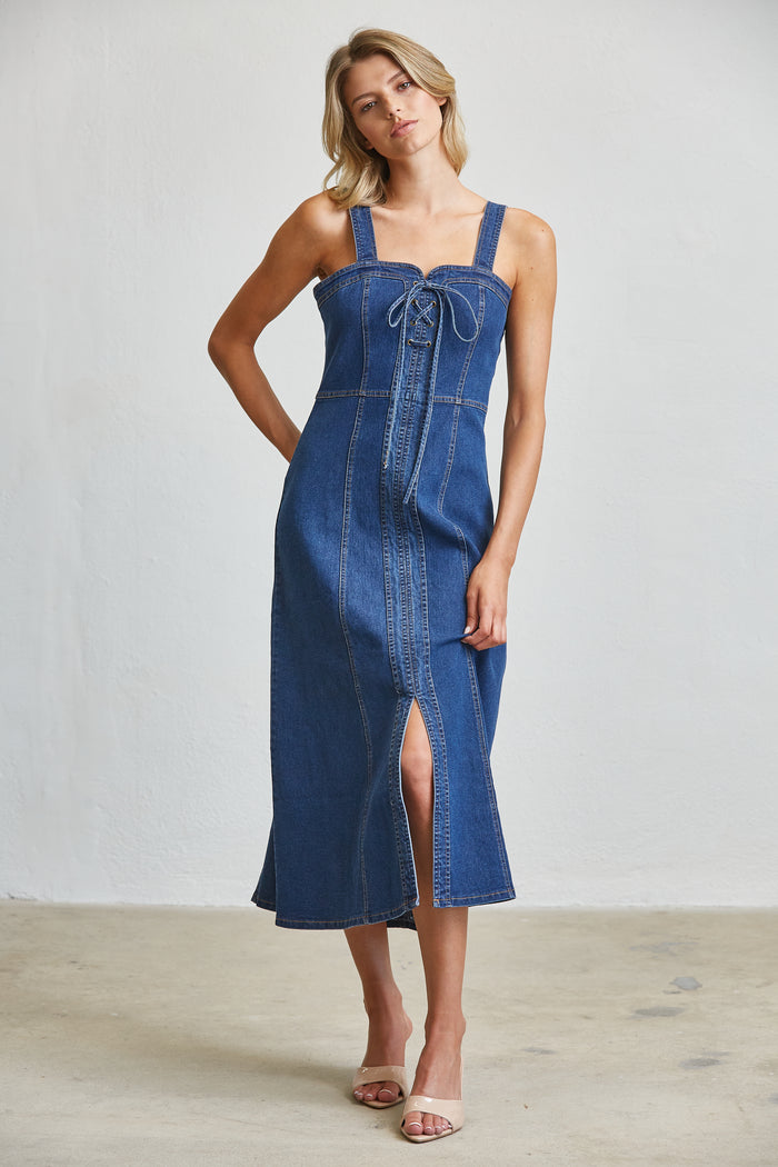 Blue Denim Lace-Up Corset Midi Dress with Front Slit