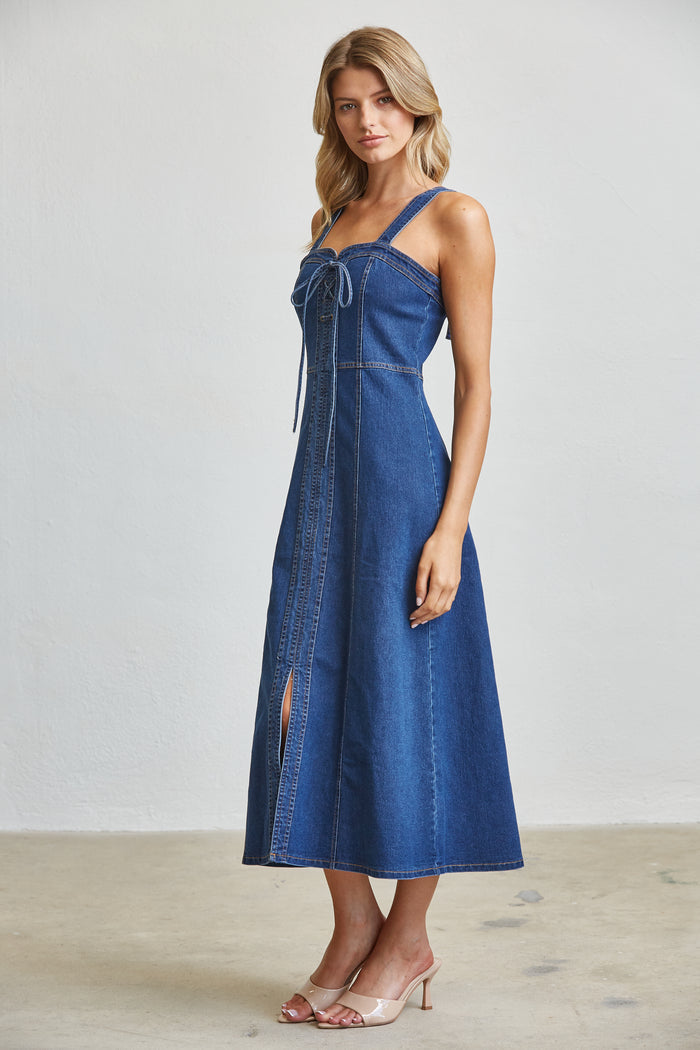 Blue Denim Lace-Up Corset Midi Dress with Front Slit