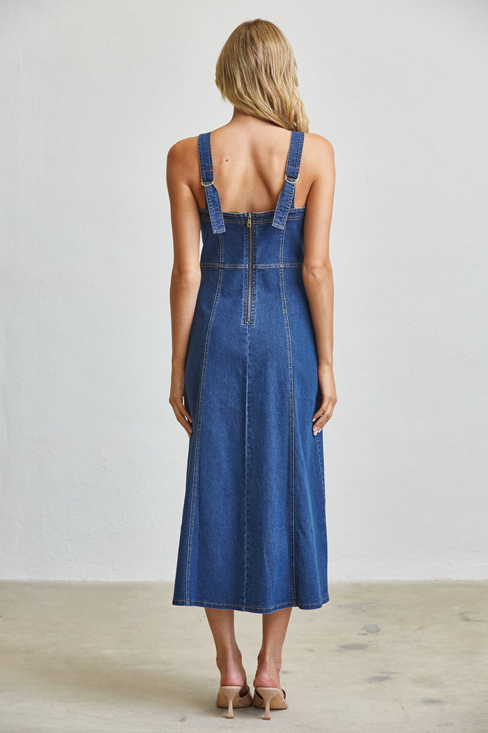 Blue Denim Lace-Up Corset Midi Dress with Front Slit