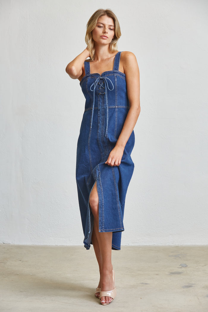 Blue Denim Lace-Up Corset Midi Dress with Front Slit