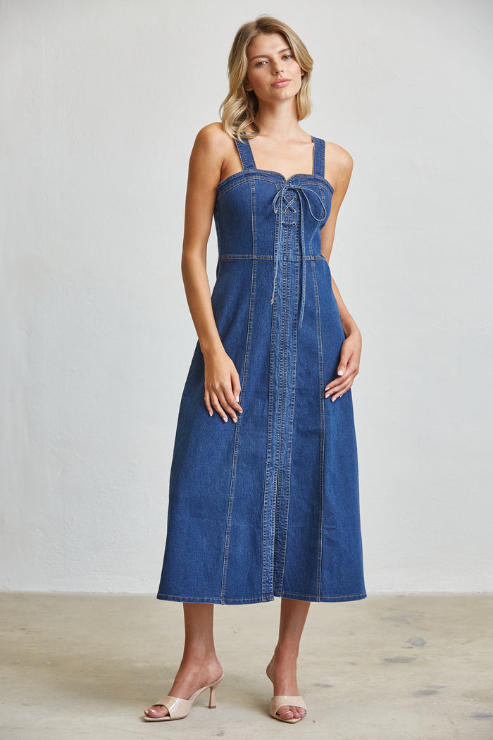 Blue Denim Lace-Up Corset Midi Dress with Front Slit