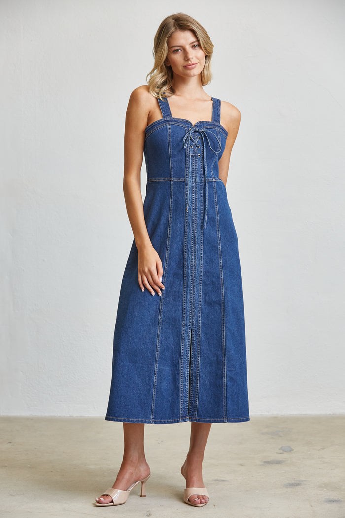 Blue Denim Lace-Up Corset Midi Dress with Front Slit
